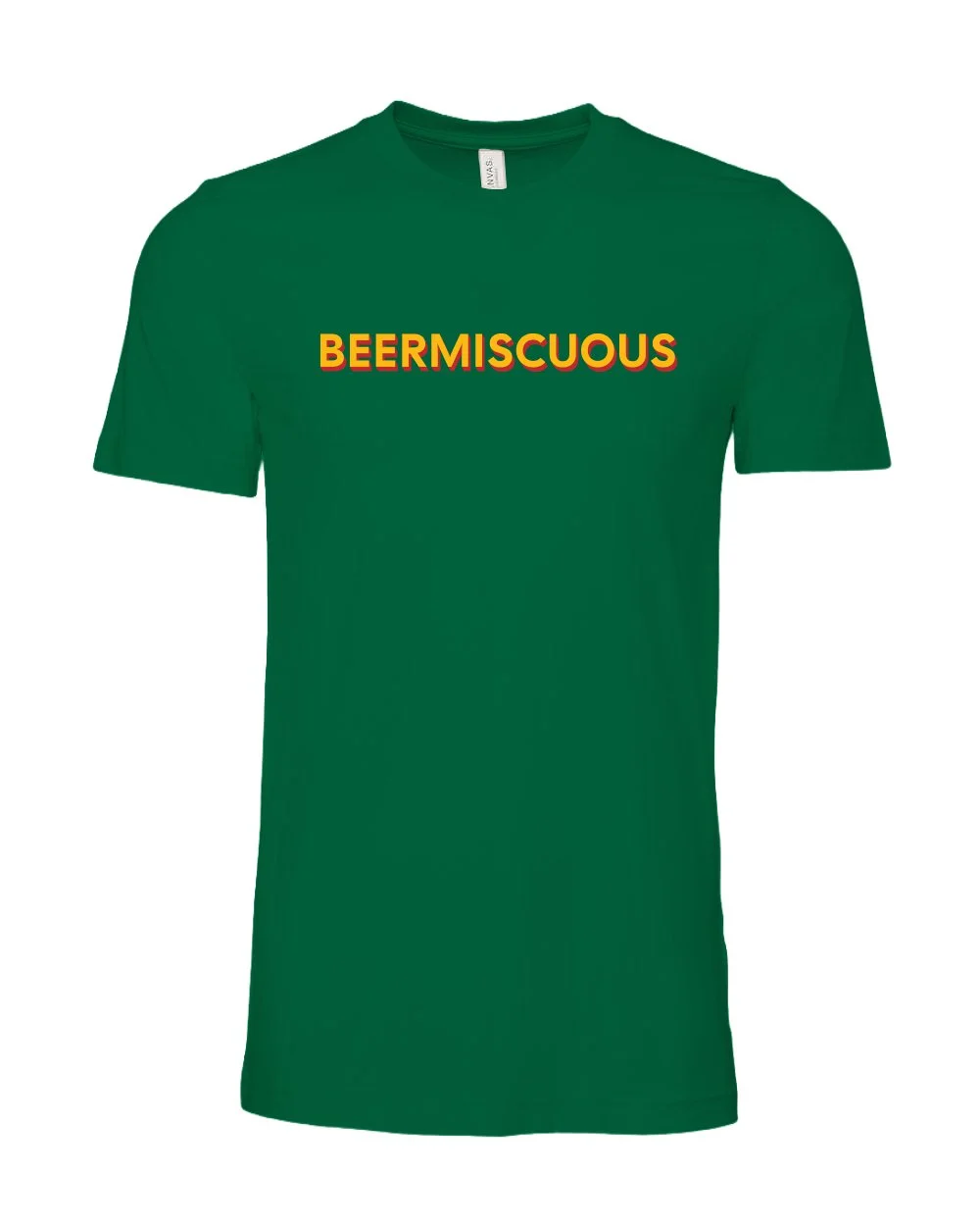 Green T-shirt with the word 'BEERMISCLOUOUS' written in yellow text with an orange shadow.