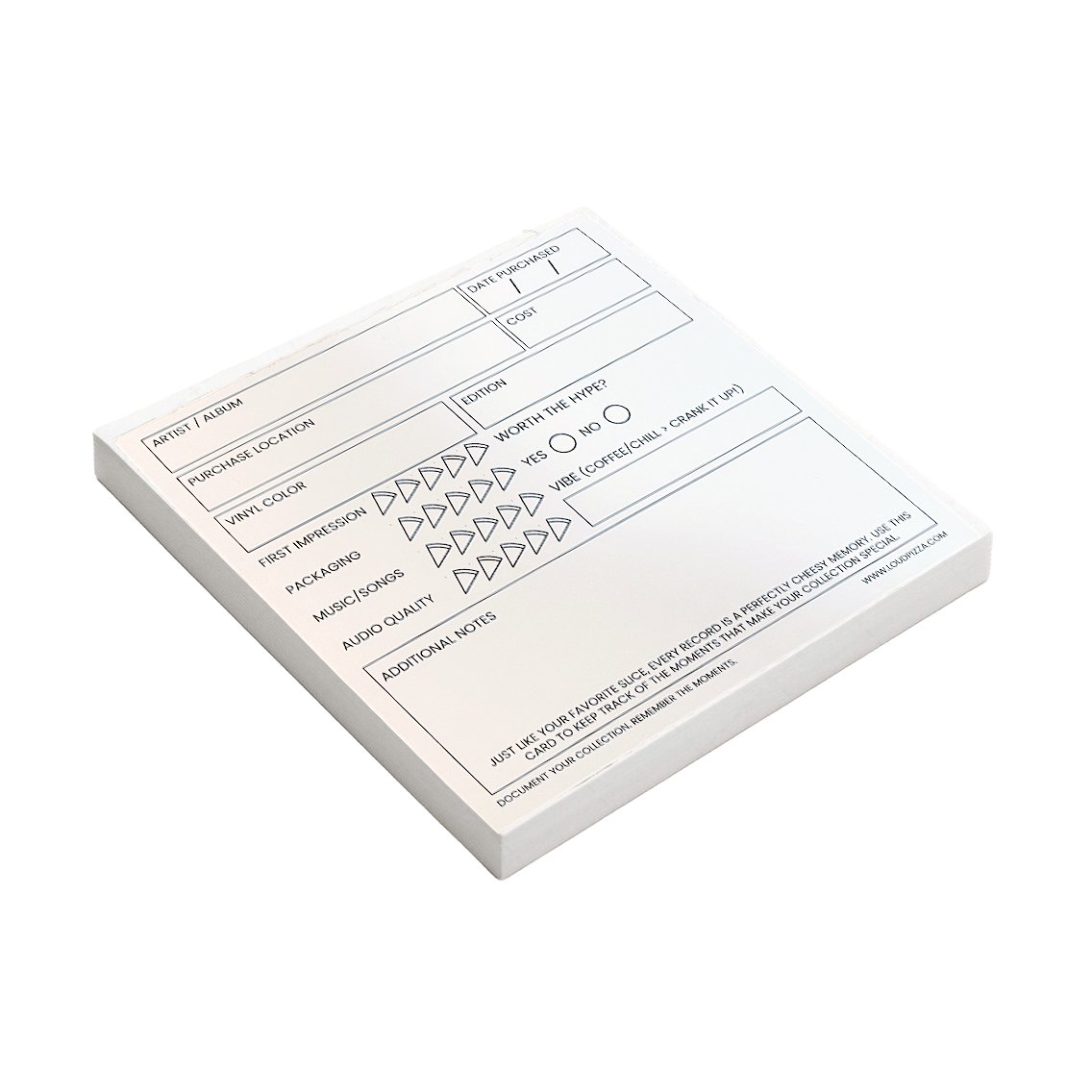 Music album purchase form with sections for artist, album, purchase location, vinyl color, first impression, packaging, music, audio quality, additional notes, and a rating for worth the hype with yes or no options and a vibe description.