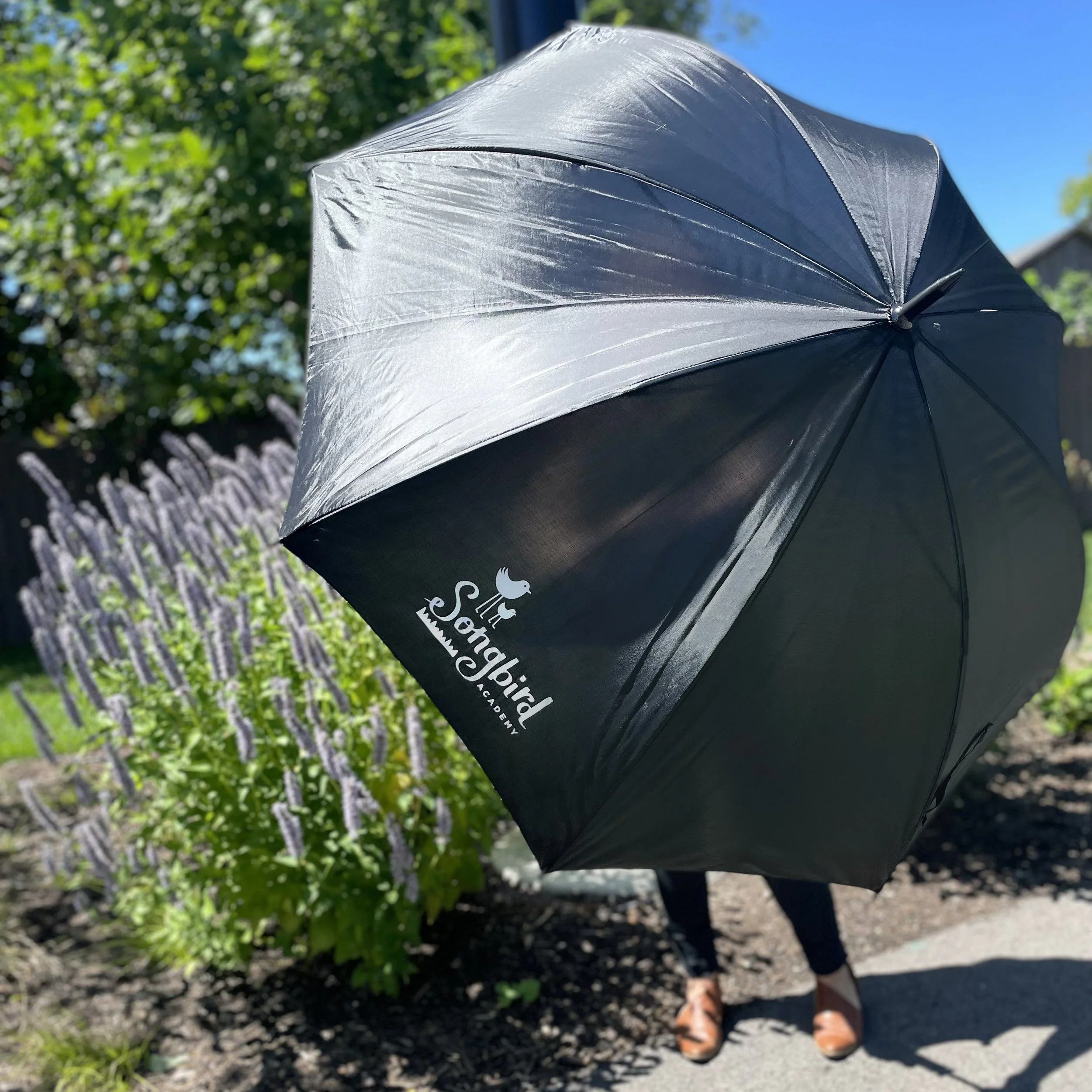 Person holding a large black Soligmented umbrella, partially obscuring their body, with lavender plants and green trees in the background on a sunny day.