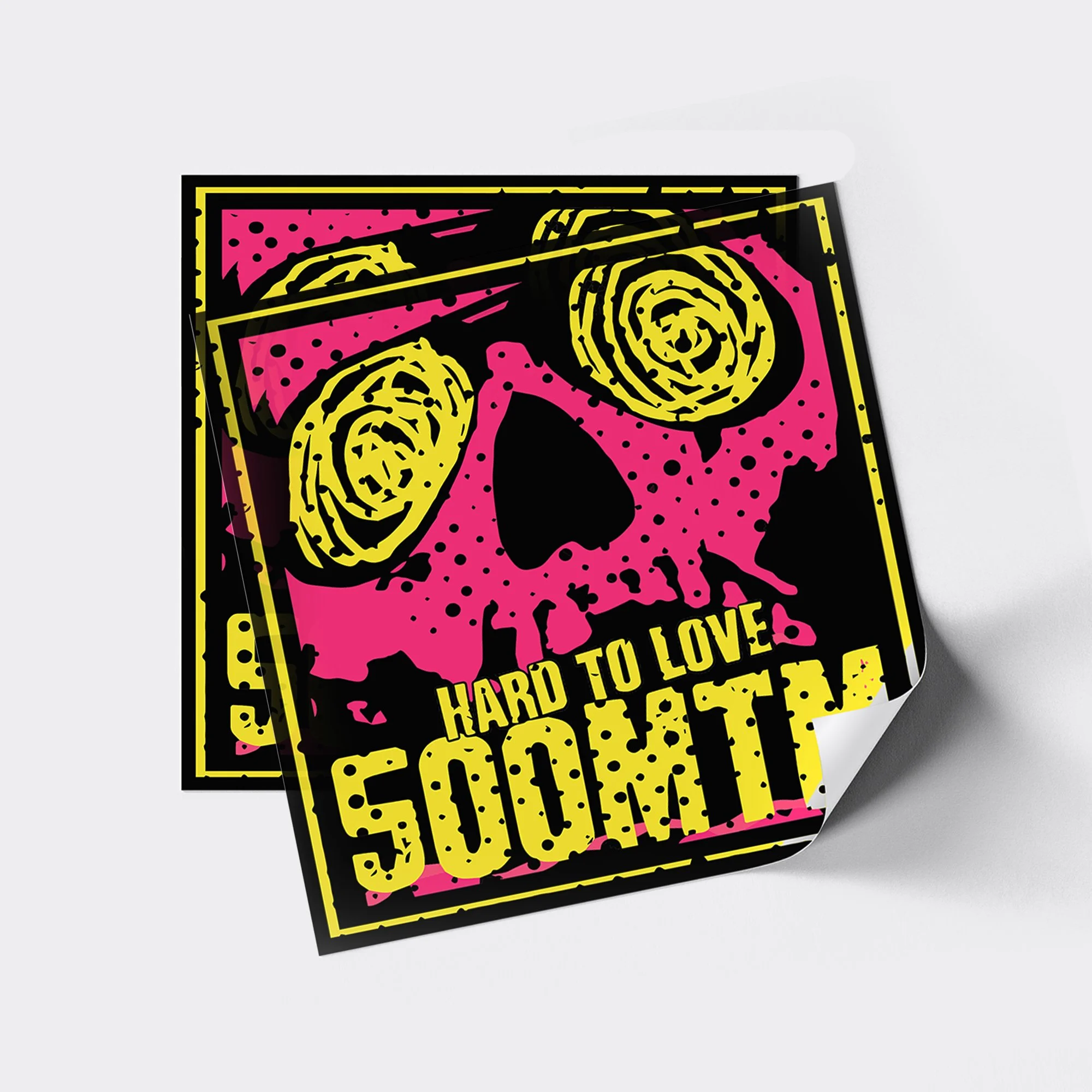 A poster with a pink background and black and yellow design featuring a skull with spiraled eyes, the phrase "Hard to Love" above "SOMETHING" in large yellow letters, in a pop art style.