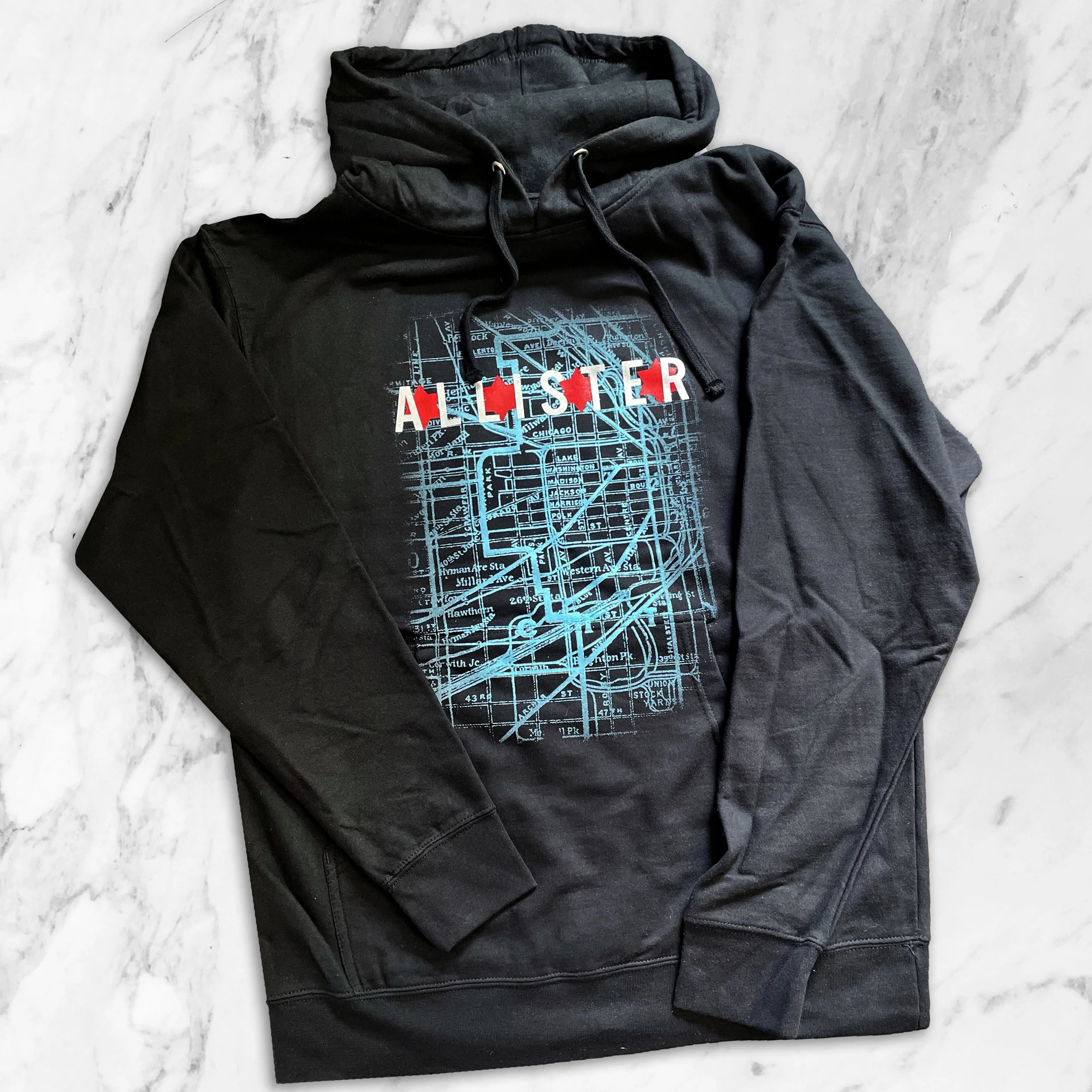 Black hoodie with a blue map print and red and white letters spelling 'ALLISTER' across the chest.