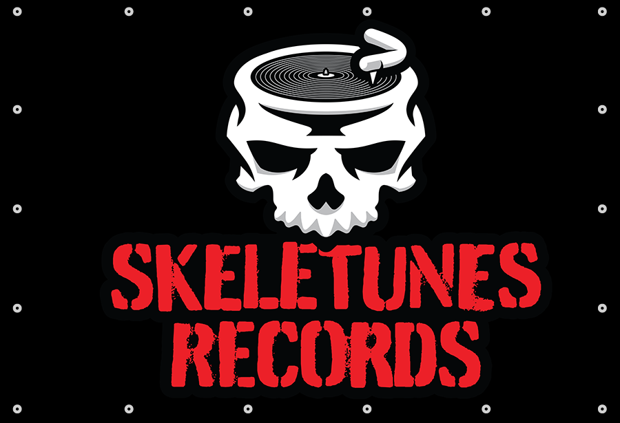 A logo with a skull at the center, a vinyl record on top, and the text 'SKELETUNES RECORDS' in bold red letters beneath it.