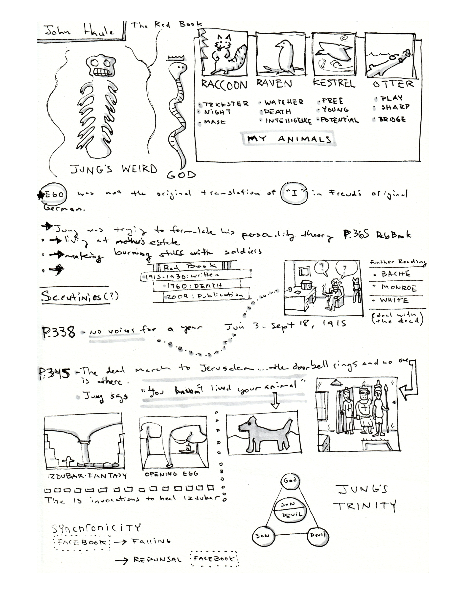 Handwritten notes and sketches discussing Jung's work, including drawings of animals like a raccoon, raven, kestrel, and otter with attributes, notes on Freud, and diagrams related to Jung's ideas and concepts.