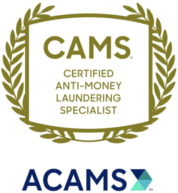 A certification badge with a green laurel wreath border, reading "CAMS Certified Anti-Money Laundering Specialist" in the center, and the ACAMS logo at the bottom.