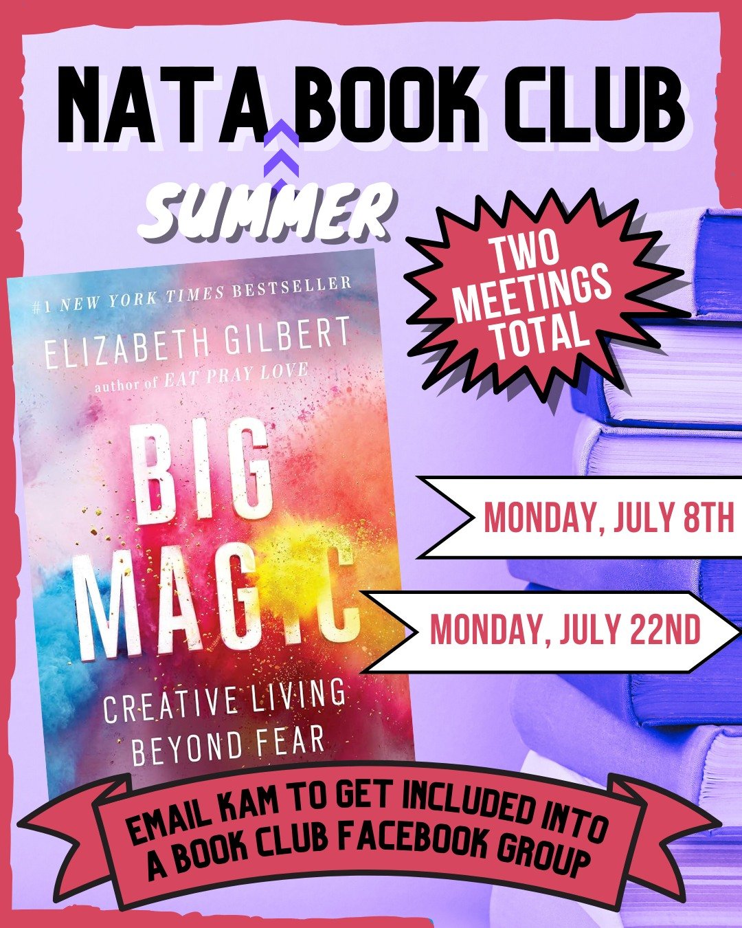 Exciting news! We are bringing back the NATA Book Club this summer!
&bull;
Let&rsquo;s get the date in our calendar! Our first night will be Monday, July 8th at 7pm via Zoom.
&bull;
First things first! Locate a copy of &ldquo;Big Magic: Creative Livi