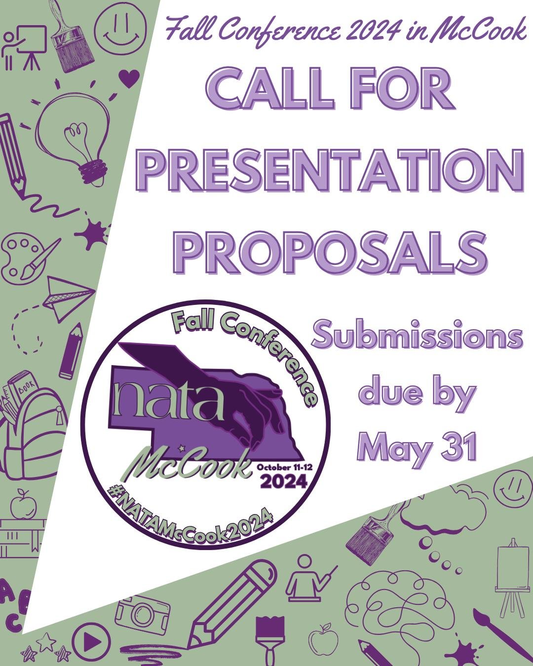 NATA members! Presentation proposals for Fall Conference 2024 in McCook on October 11-12 are now open.

Do you have a great idea for a hands-on workshop? A presentation for a special technique or a unique approach to teaching art? Or are you looking 