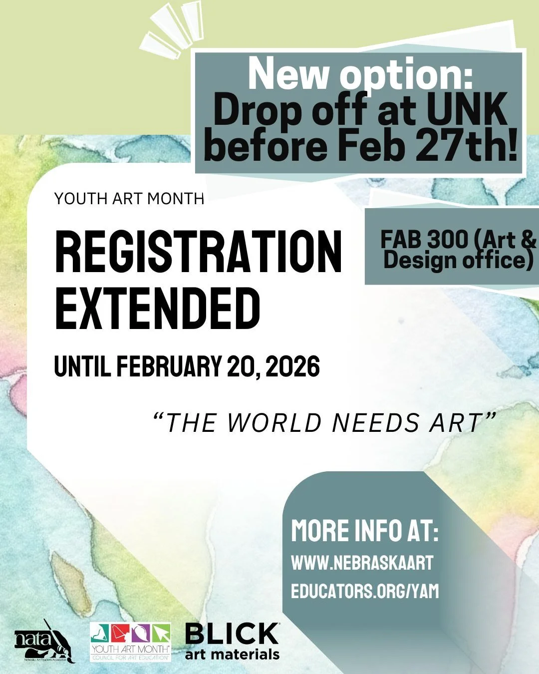 Ship your YAM artwork, deliver your artwork to Lincoln on set up day, OR drop off your artwork at UNK! (FAB Room 300). 🎨 The deadline to register for the Youth Art Month Exhibition has been 𝐞𝐱𝐭𝐞𝐧𝐝𝐞𝐝 𝐭𝐨 𝐅𝐞𝐛𝐫𝐮𝐚𝐫𝐲 𝟐𝟎𝐭𝐡!

March is 