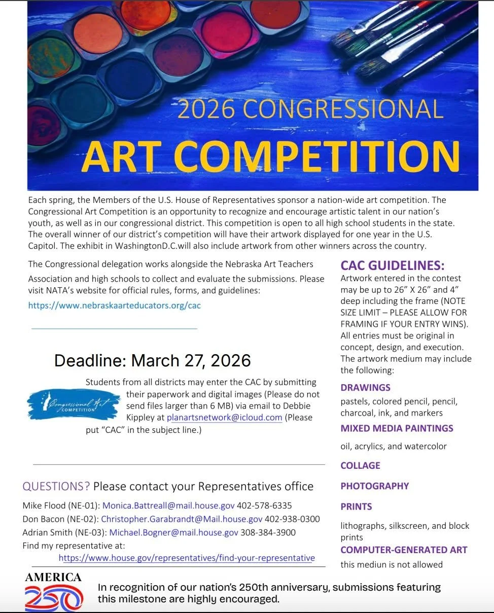 𝐓𝐡𝐞 𝐂𝐨𝐧𝐠𝐫𝐞𝐬𝐬𝐢𝐨𝐧𝐚𝐥 𝐀𝐫𝐭 𝐂𝐨𝐦𝐩𝐞𝐭𝐢𝐭𝐢𝐨𝐧 𝐝𝐞𝐚𝐝𝐥𝐢𝐧𝐞 𝐡𝐚𝐬 𝐛𝐞𝐞𝐧 𝐞𝐱𝐭𝐞𝐧𝐝𝐞𝐝!

March 27, 2026 - This is a great opportunity for High School Students. Patriotic / America 250 themes are encouraged.

NATA proudly fa