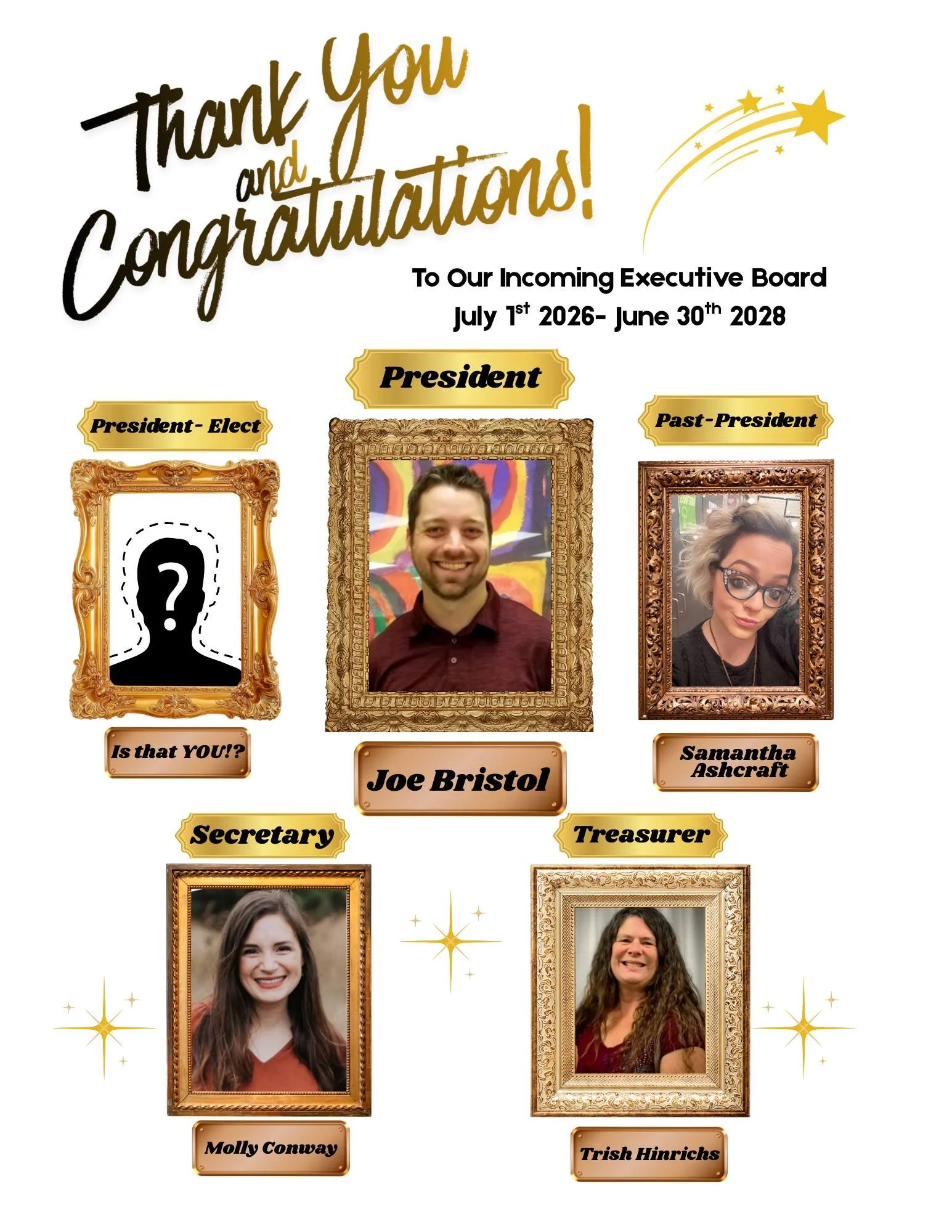 Exciting things are happening! We are thrilled to announce some changes to the exec board.

Please join us in congratulating Molly and Trish for their continued dedication, and a huge welcome to our incoming President, Joe! 

Samantha is also steppin