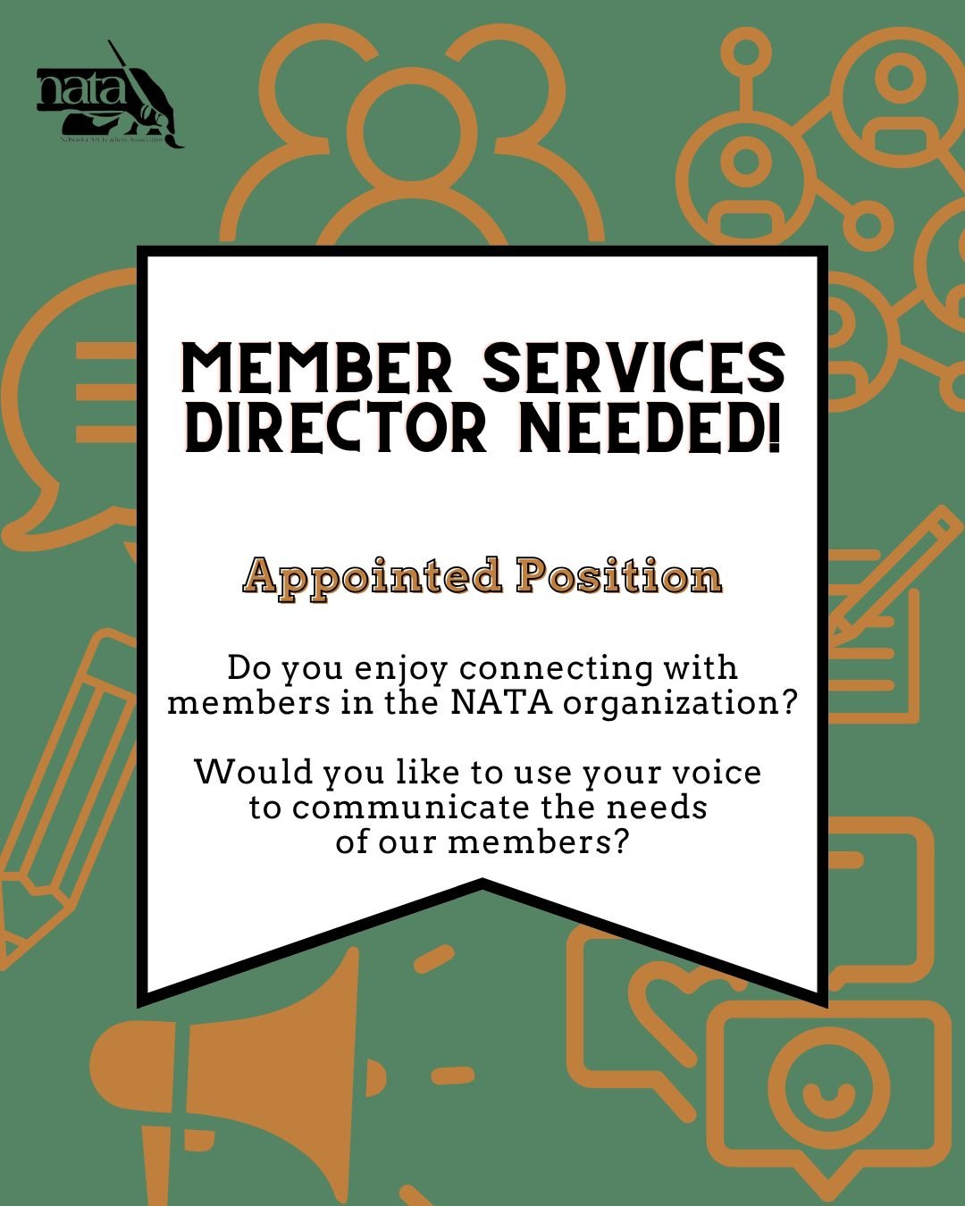 NATA is looking for our next 𝑴𝒆𝒎𝒃𝒆𝒓 𝑺𝒆𝒓𝒗𝒊𝒄𝒆𝒔 𝑫𝒊𝒓𝒆𝒄𝒕𝒐𝒓!

This is a role that supports NATA members in all things that are available to them and to help support them in their classrooms. If you have questions about the role, Joe B