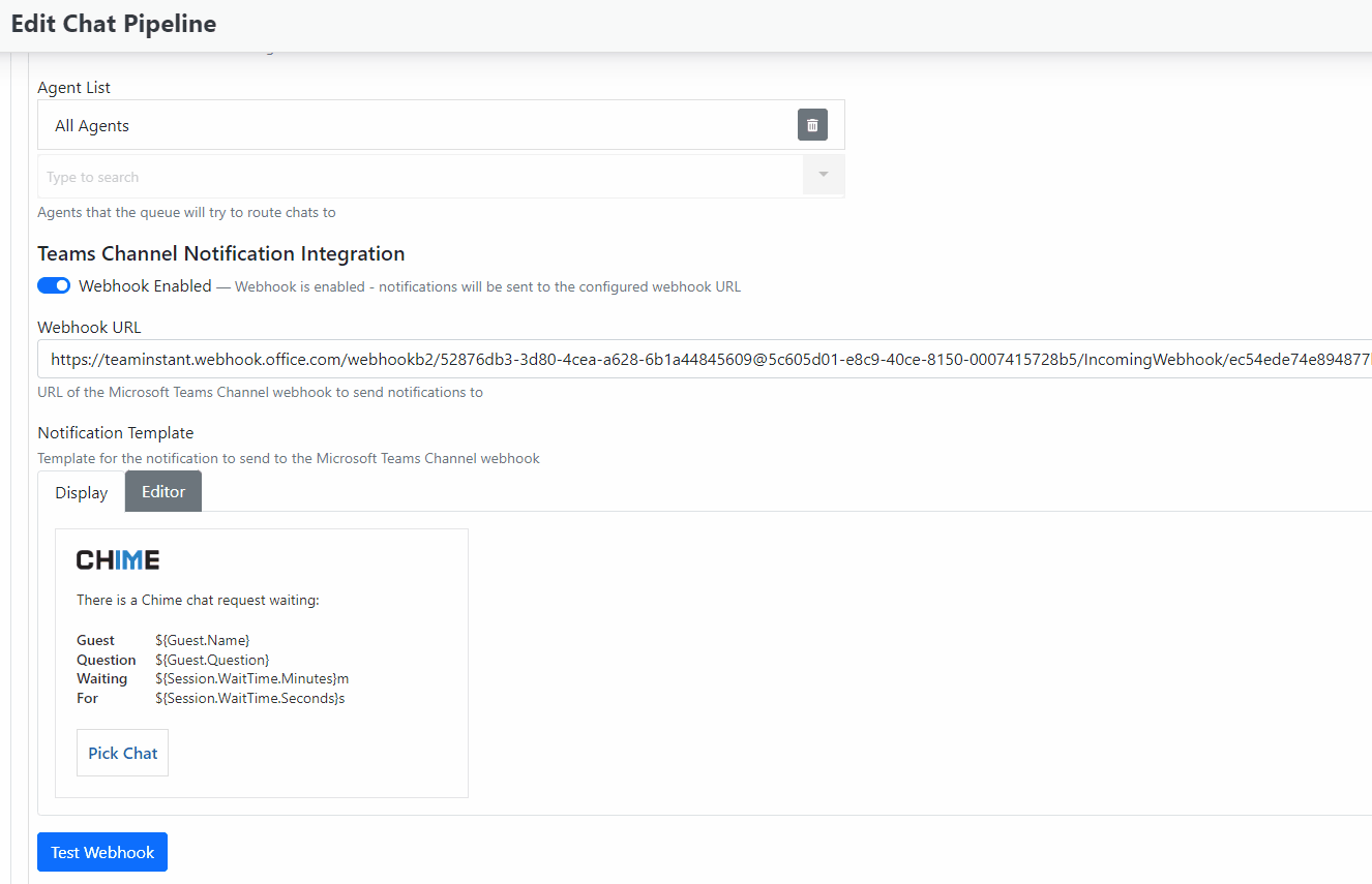 Enable agent notification to Microsoft Teams using Webhook