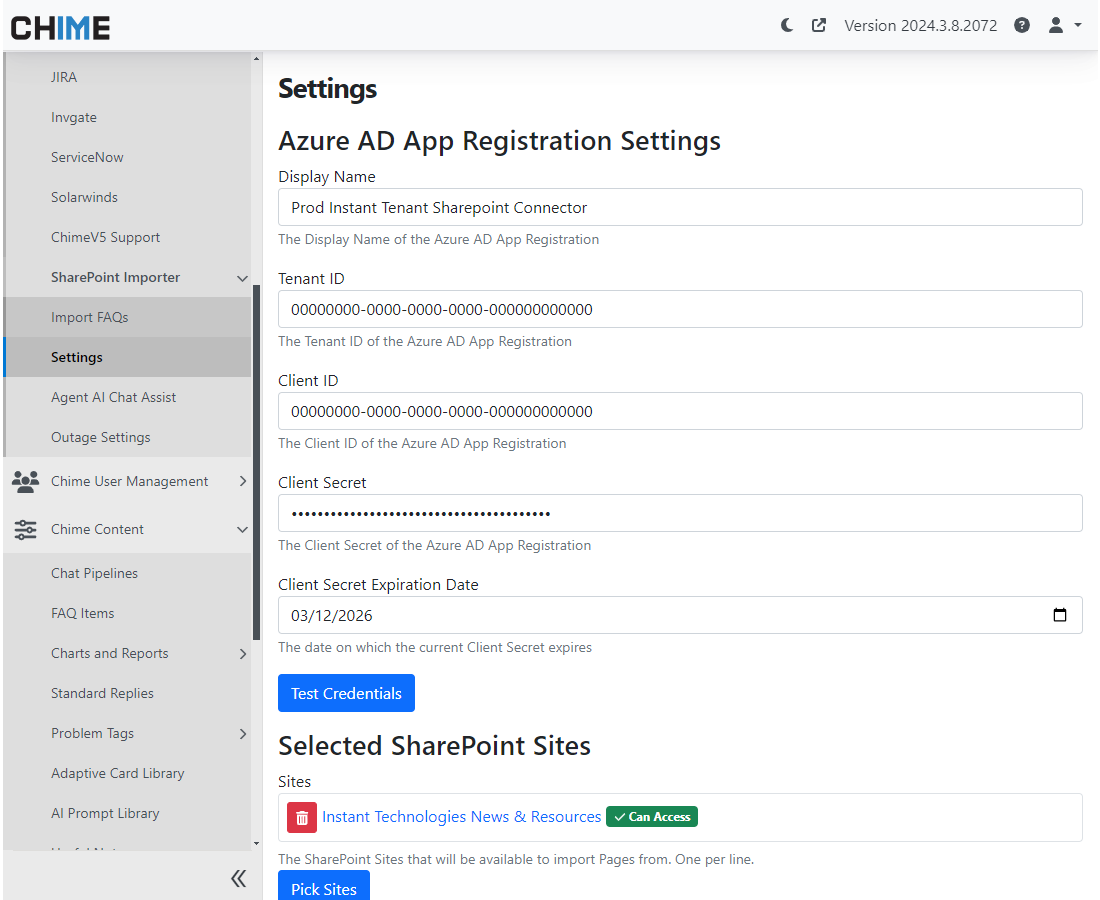 Service Desk Admin UI - Configure chatbot platform information on the SharePoint site and how to access site content