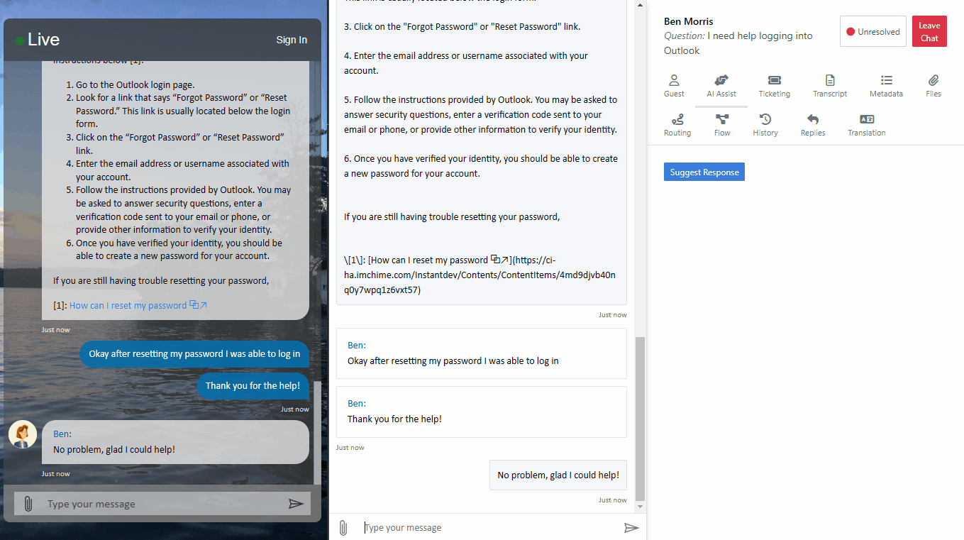 Example of a chat FAQ app replying and routing to an agent