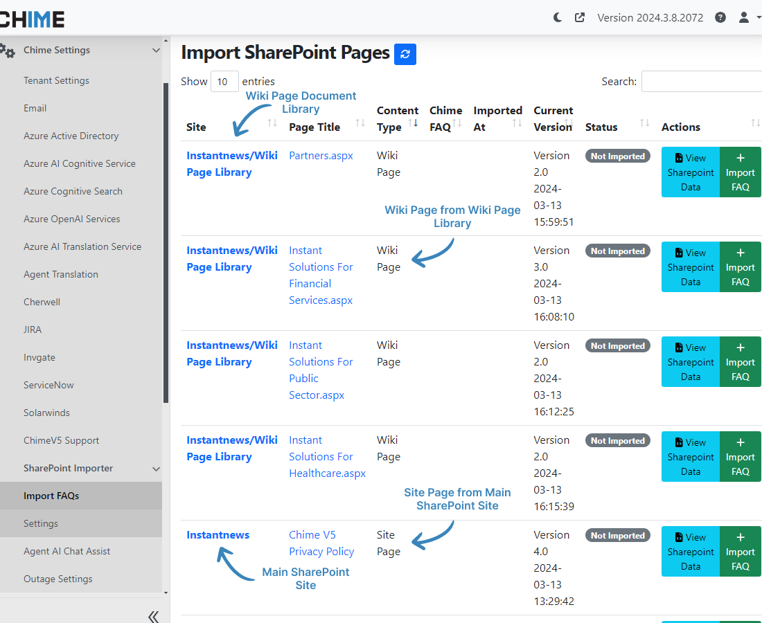 Service Desk Admin UI - Import SharePoint pages