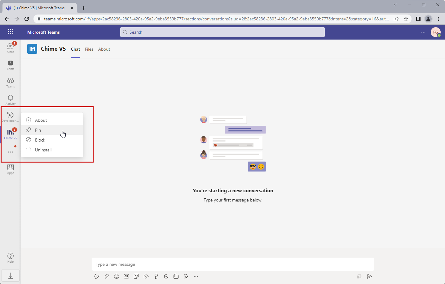 pin chat app to microsoft teams client for service desk