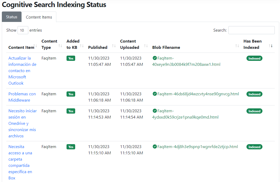 Helpdesk AI cognitive search indexing status UI