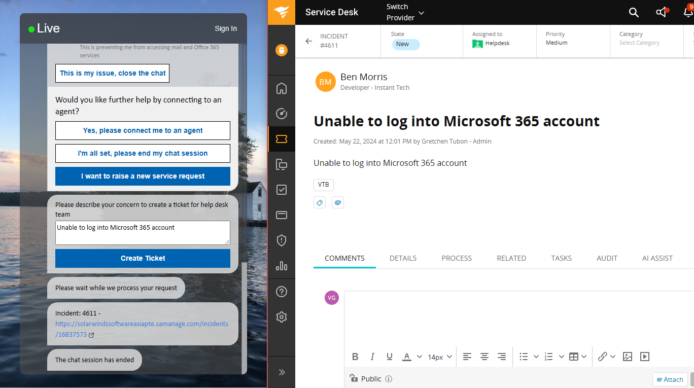 Ask questions and report issues in AI powered chat then easily create or update SolarWinds tickets