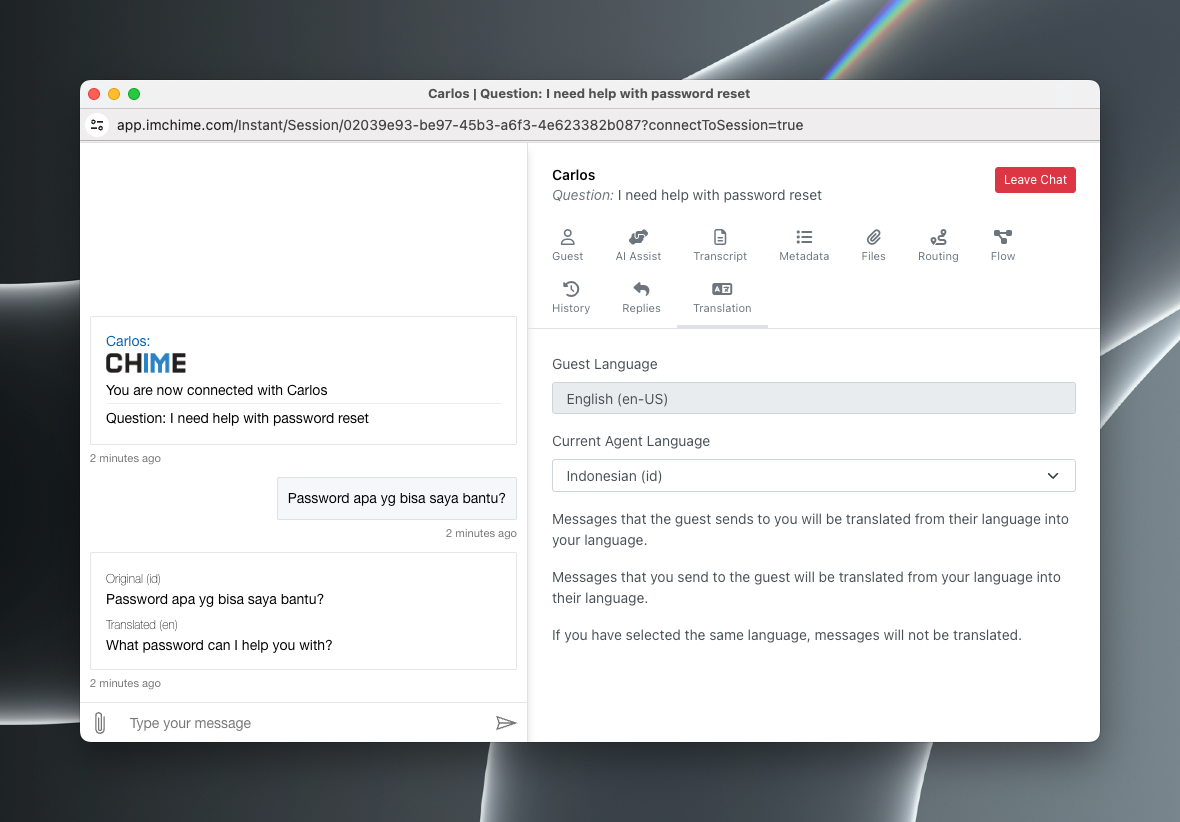 Use language translation service for IT service desk agents