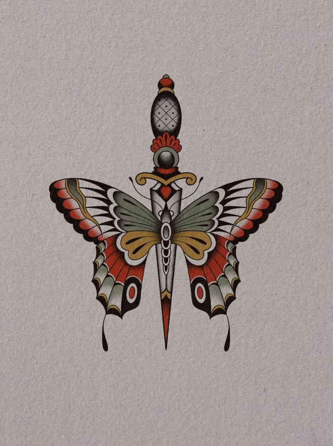 A detailed tattoo of a butterfly with geometric and ornamental designs, featuring colors black, white, red, gold, and gray, on a plain background.