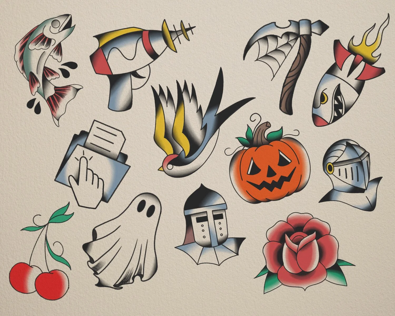 Set of traditional American tattoo flash designs featuring various motifs including a fish, a hammer, a skull, a bird, a pumpkin, a ghost, cherries, a dagger, a helmet, a rose, and a ghost, all rendered in a classic tattoo style.