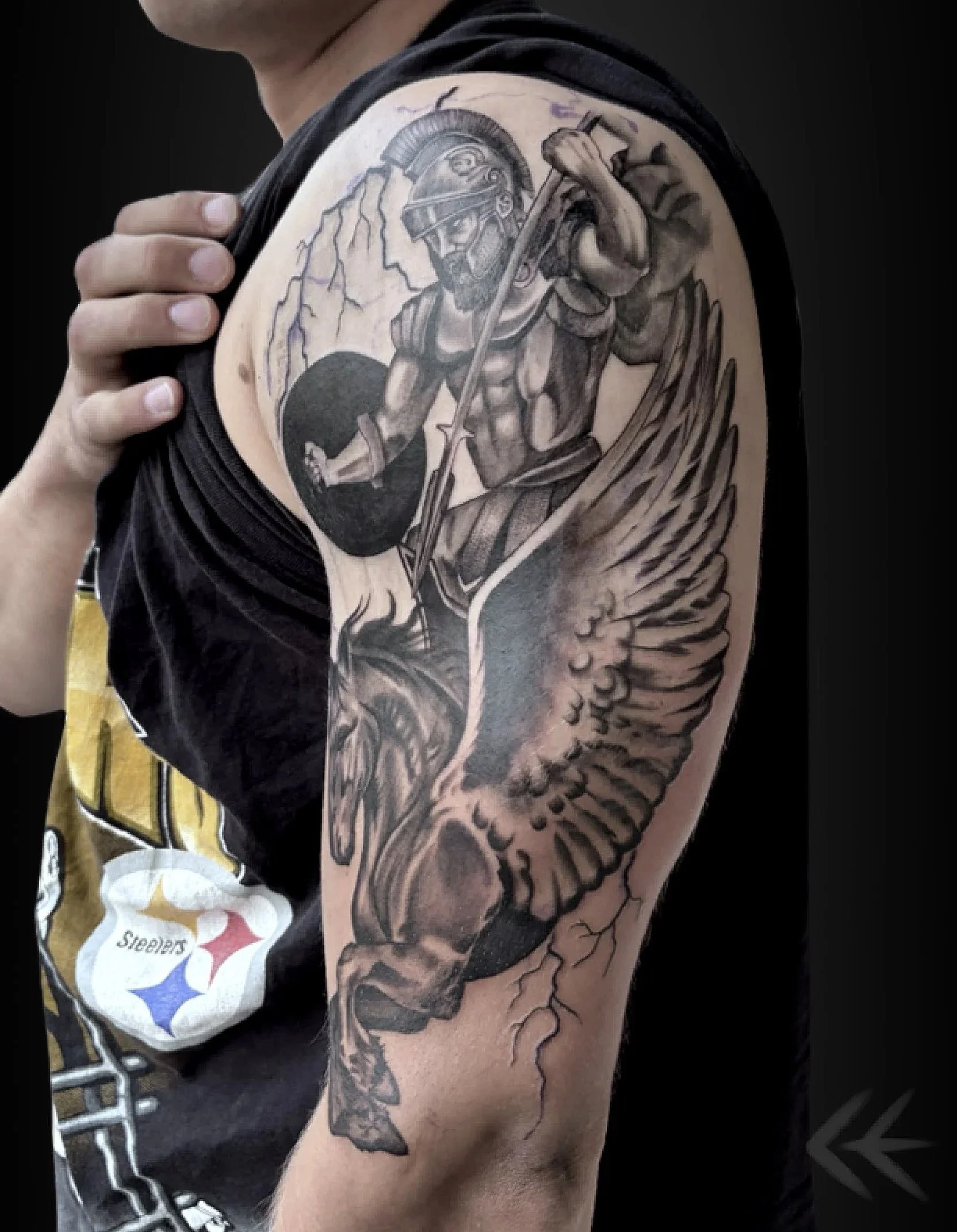 Edmonton tattoo artist, greek mythology sleeve tattoo. roman soldier tattoo.jpg