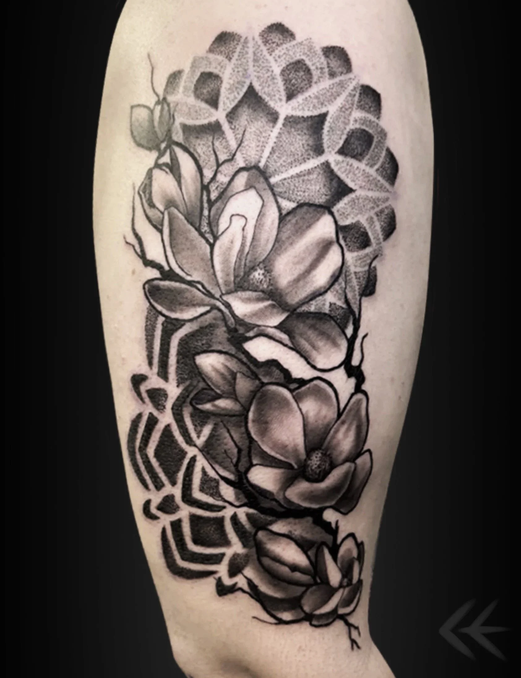 geometric magnolia flower tattoo in yeg, stipple shading,.jpg