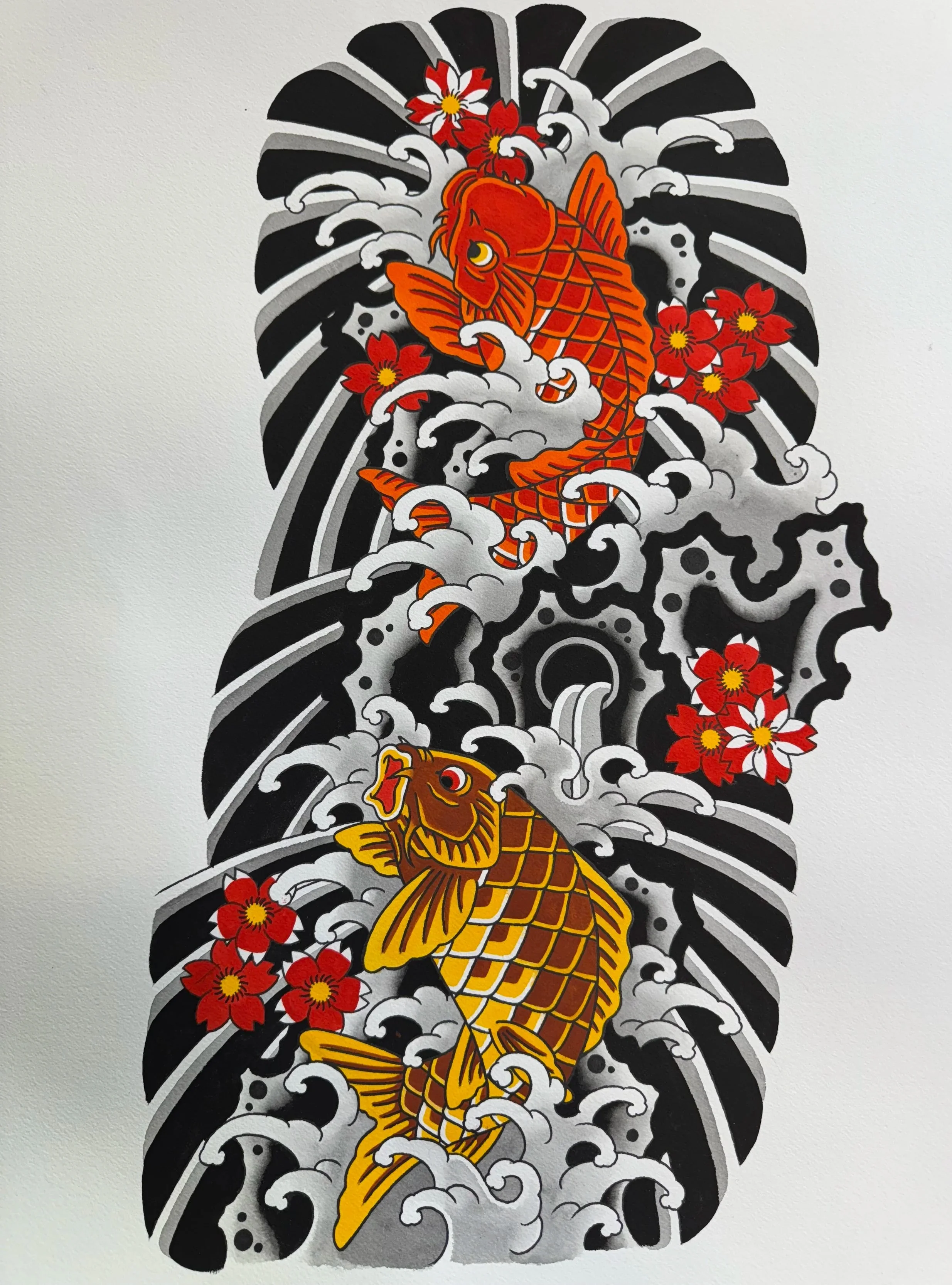 Traditional Japanese tattoo-style illustration featuring a goldfish swimming among waves and red cherry blossoms on a black background.