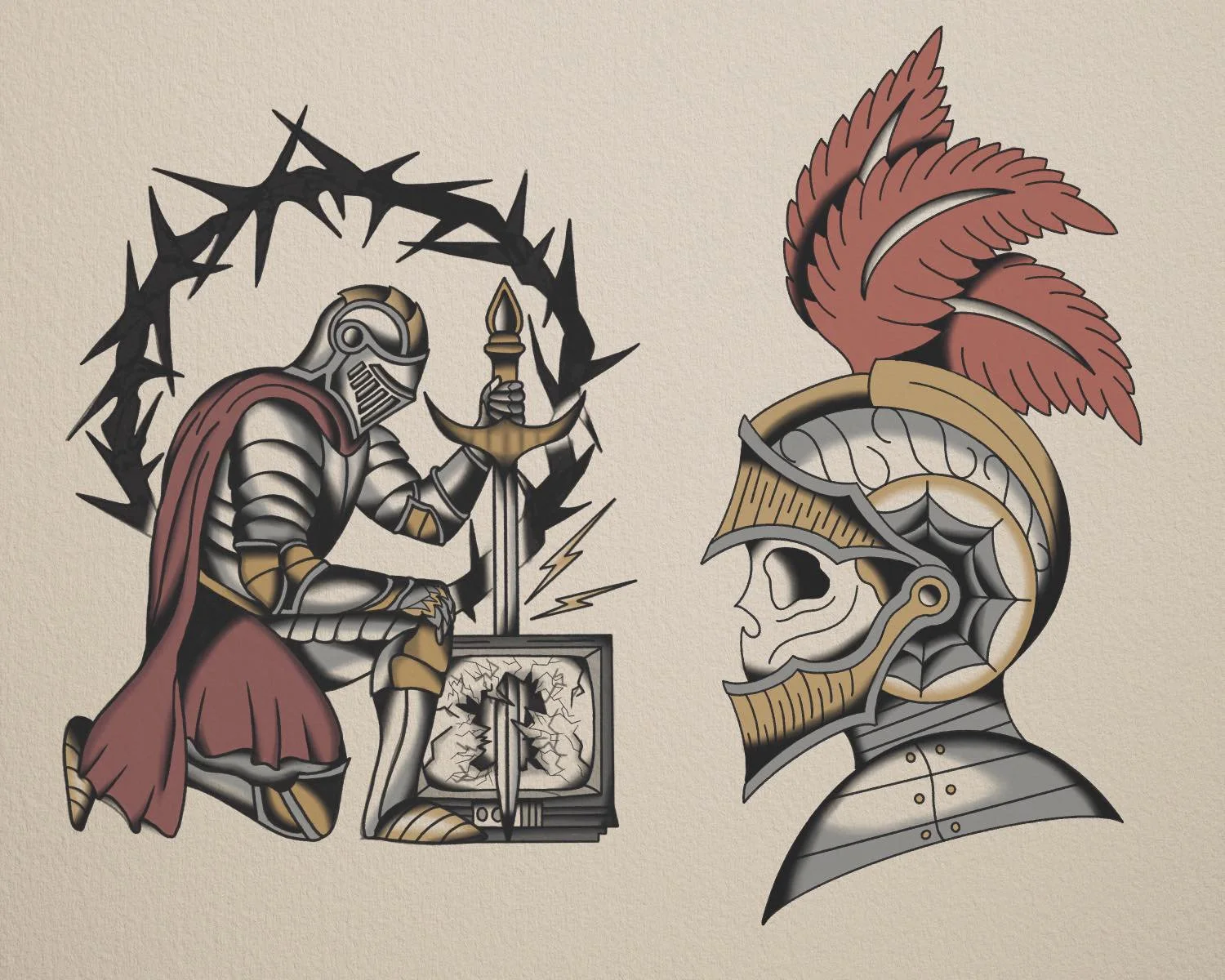 Illustration of a medieval knight in armor with a red cape, kneeling and holding a sword, with a circle of black thorns behind him. To the right, a profile view of another knight's helmet with a red plume.