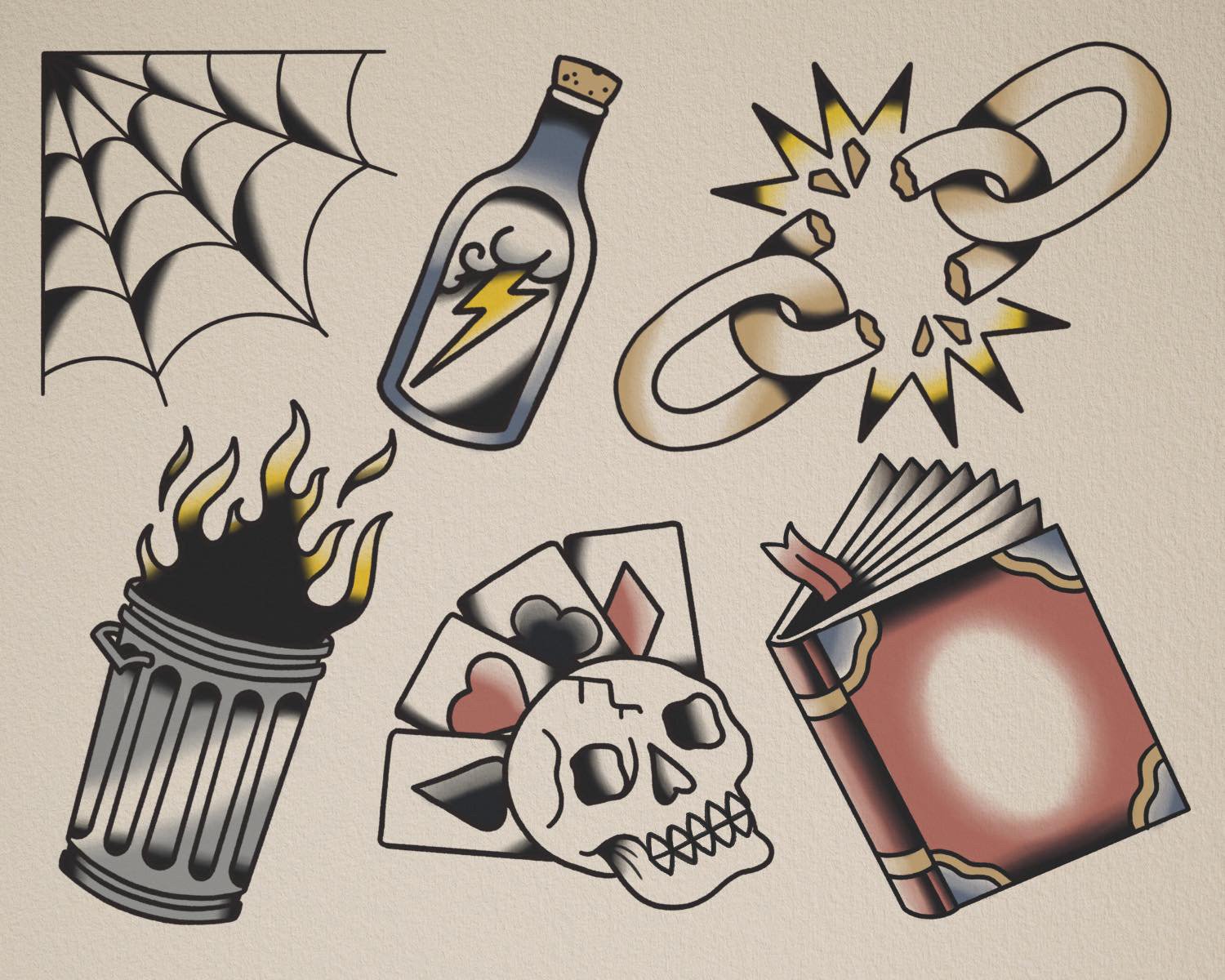 Tattoo-style illustrations including a spider web, a bottle with a lightning bolt, broken chains, a flaming trash can, playing cards with a skull, and a book with a decorative cover.