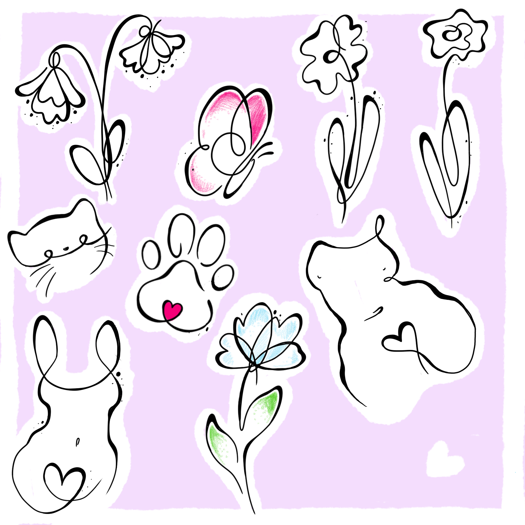 A whimsical illustration of various black-line drawn flowers, a cat, a butterfly with pink wings, and a paw print on a light purple background.