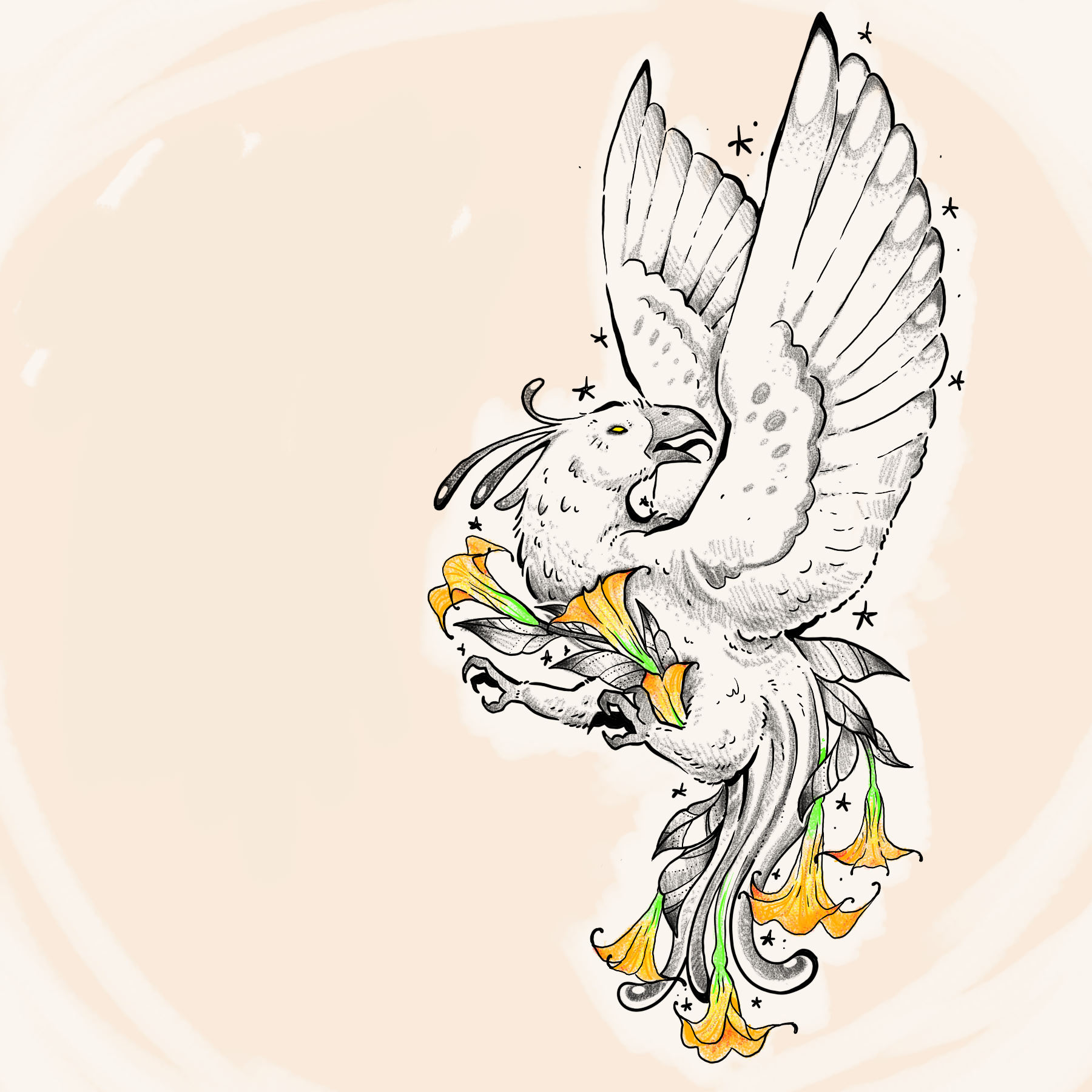 A black and white illustration of a bird of prey with detailed feathers, holding a flower with orange and yellow petals and green stems in its talons, set against a beige background with subtle gradients.