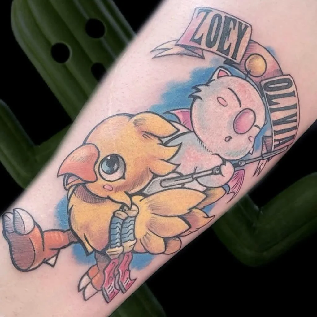 Colorful tattoo of a cartoon pig and a bird with banners reading "ZOey" and "Owen" on a person's arm.