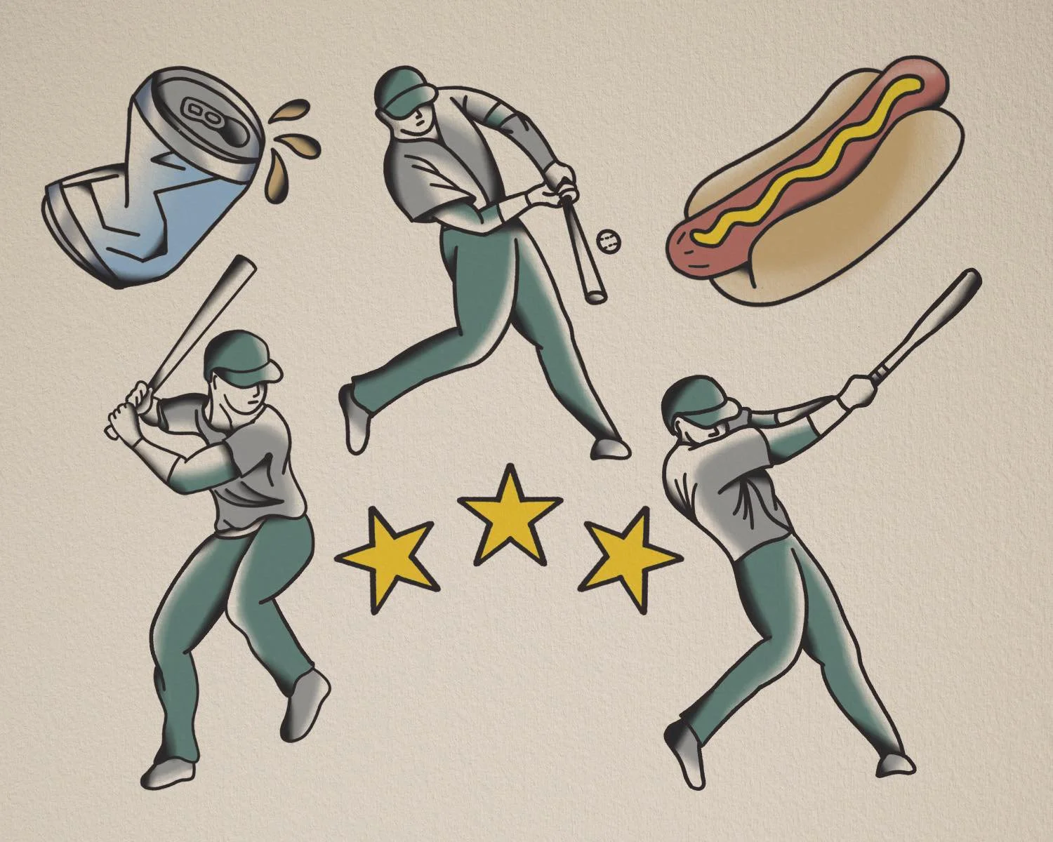 Illustration of various baseball players in different batting and pitching poses with three stars and a hot dog, soda can, and a batting helmet.