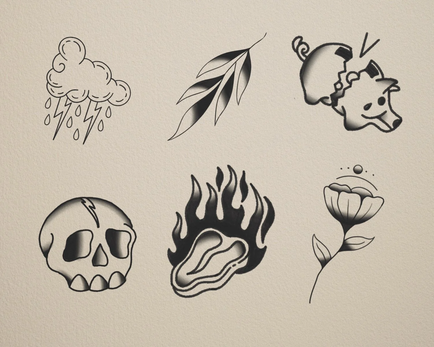 Collection of six black and white tattoo-style illustrations: a cloud with rain and lightning, a branch with leaves, a pig's head with a crack, a skull, a fiery flame, and a blooming flower.