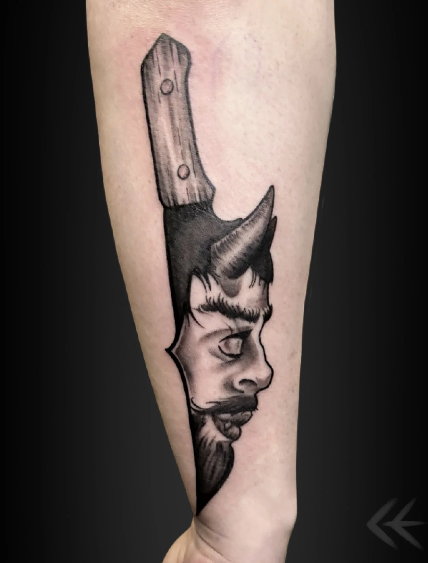 Edmonton realistic black and grey realism horror, devil, knife, dagger  tattoo artist.jpeg