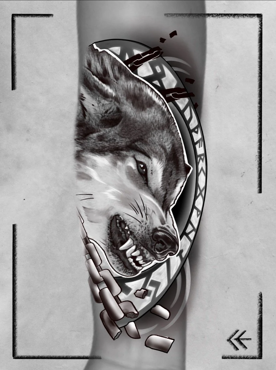 Edmonton tattoo artist, realistic wolf tattoo, viking sleeve.jpeg
