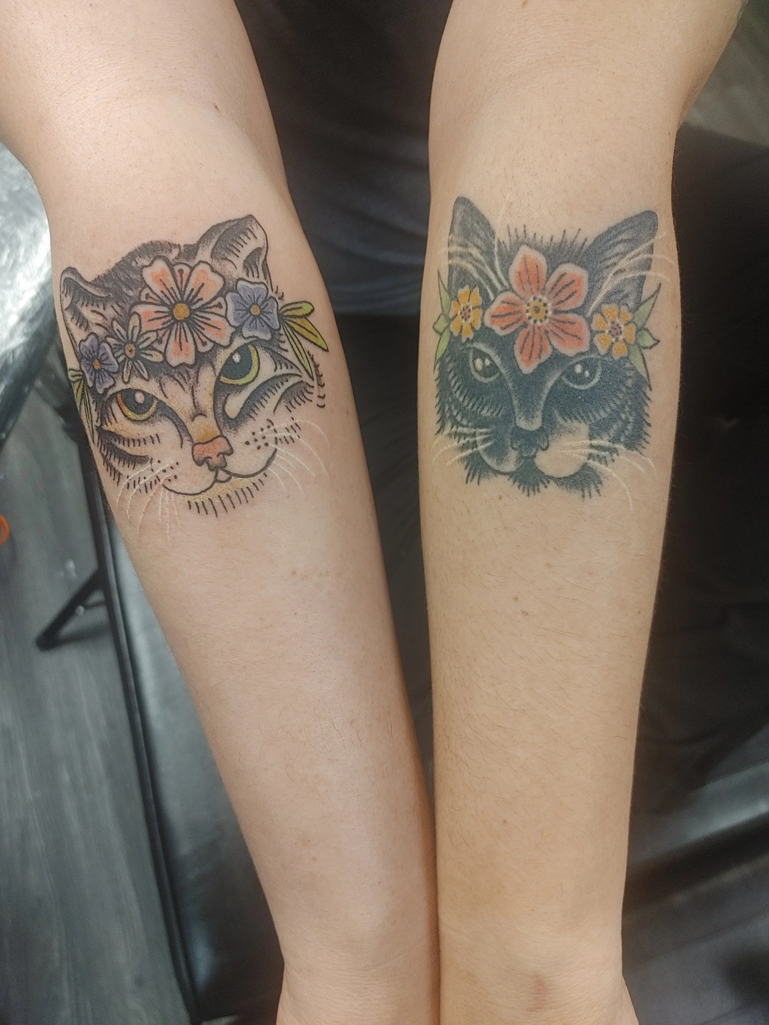 Two forearms with matching tattoo designs of cat faces wearing flower crowns.