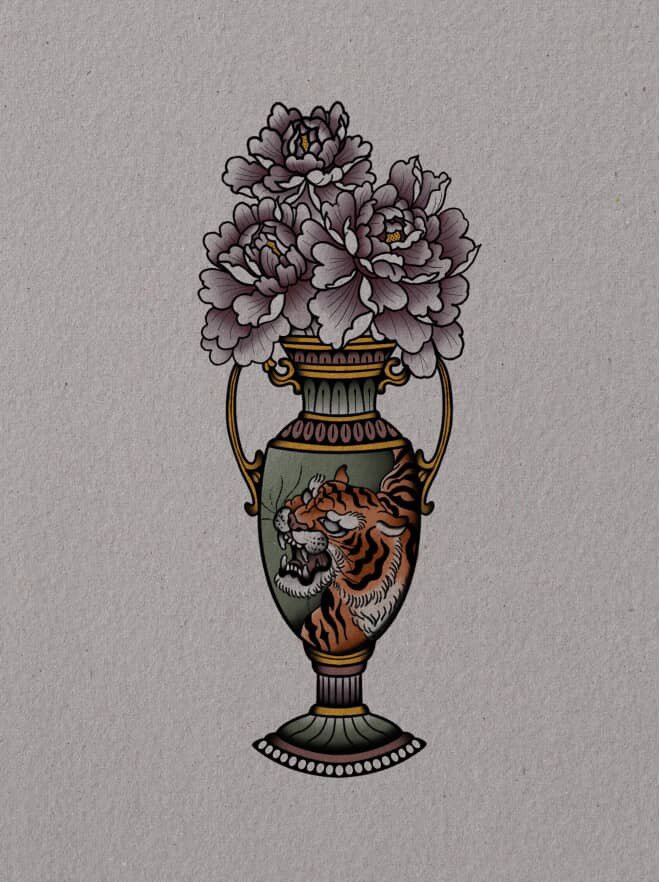 A decorative vase with a tiger illustration, filled with purple peony flowers, on a light background.
