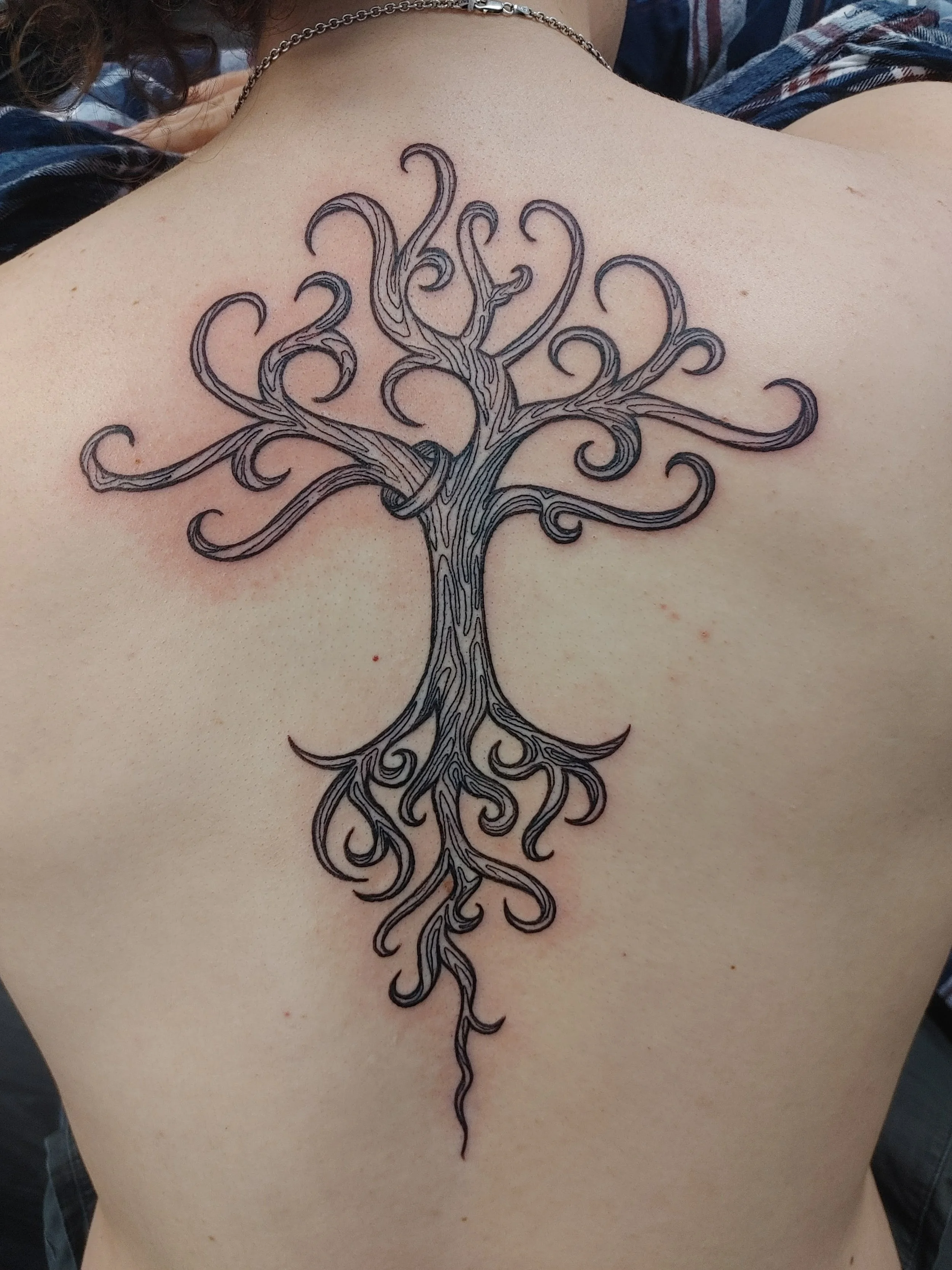 Tattoo of a stylized, intricate tree with curving branches and roots, centered on the person's upper back.