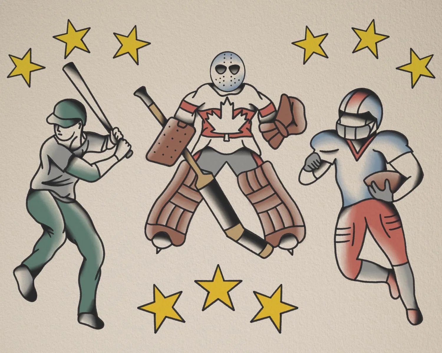Illustration of three characters encircled by yellow stars, including a baseball player, a hockey goalie, and an American football player.