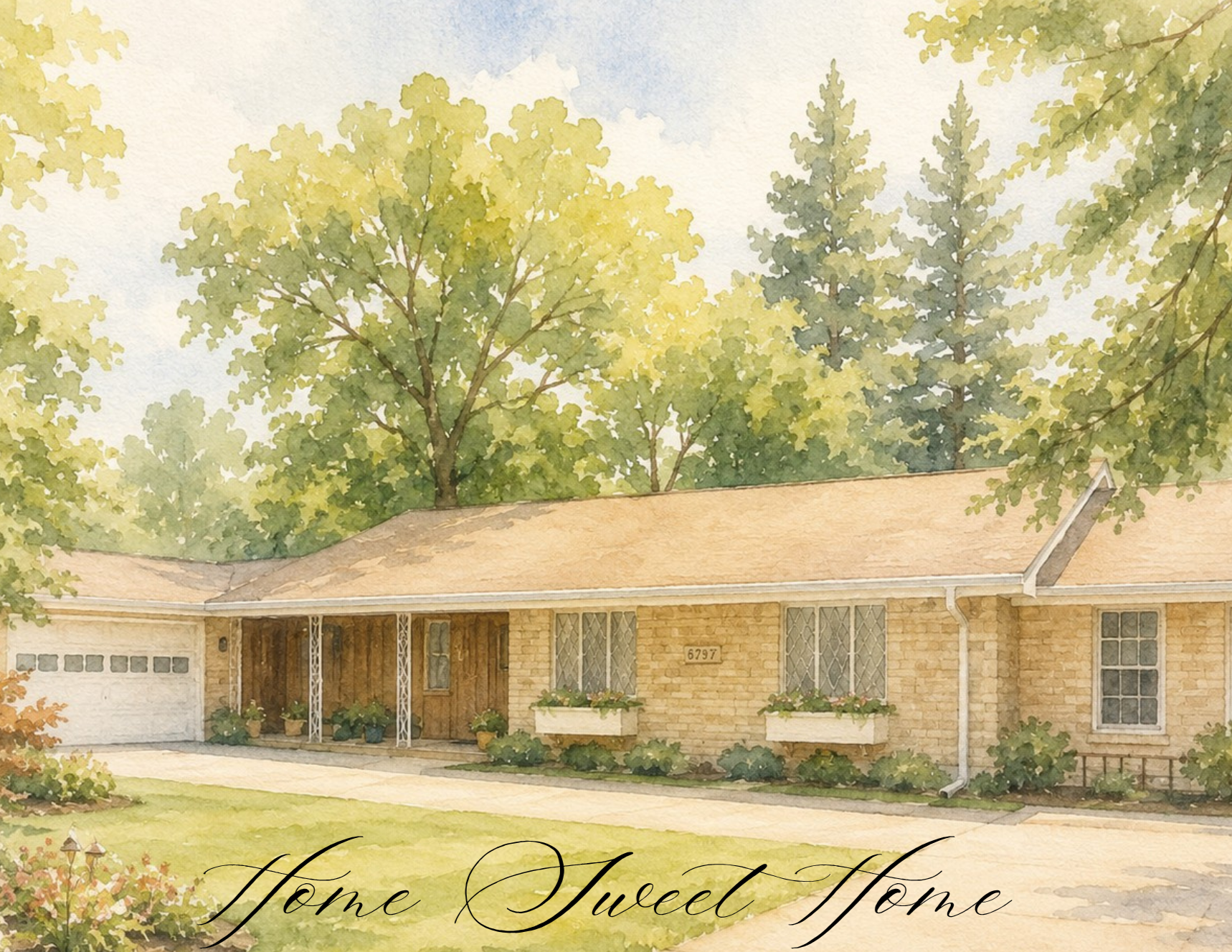 Watercolor painting of a house with brick walls, a brown roof, and a front porch with white columns, surrounded by trees with green and yellow leaves. The house has a garage on the left. The image includes the text 'Home Sweet Home' and an address in Athens, Texas.