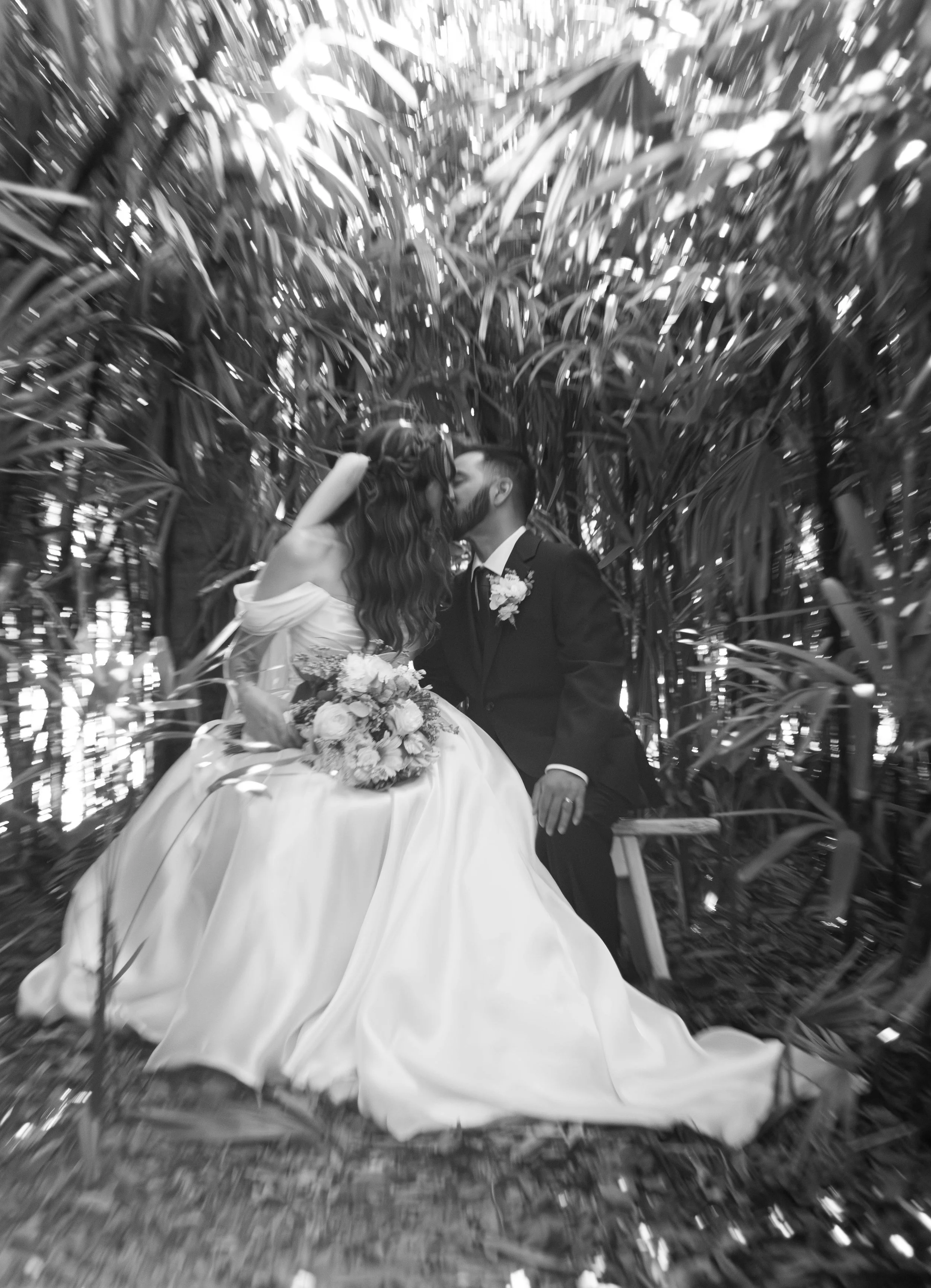 Newlywed couple sharing a romantic kiss surrounded by lush greenery film photography. 