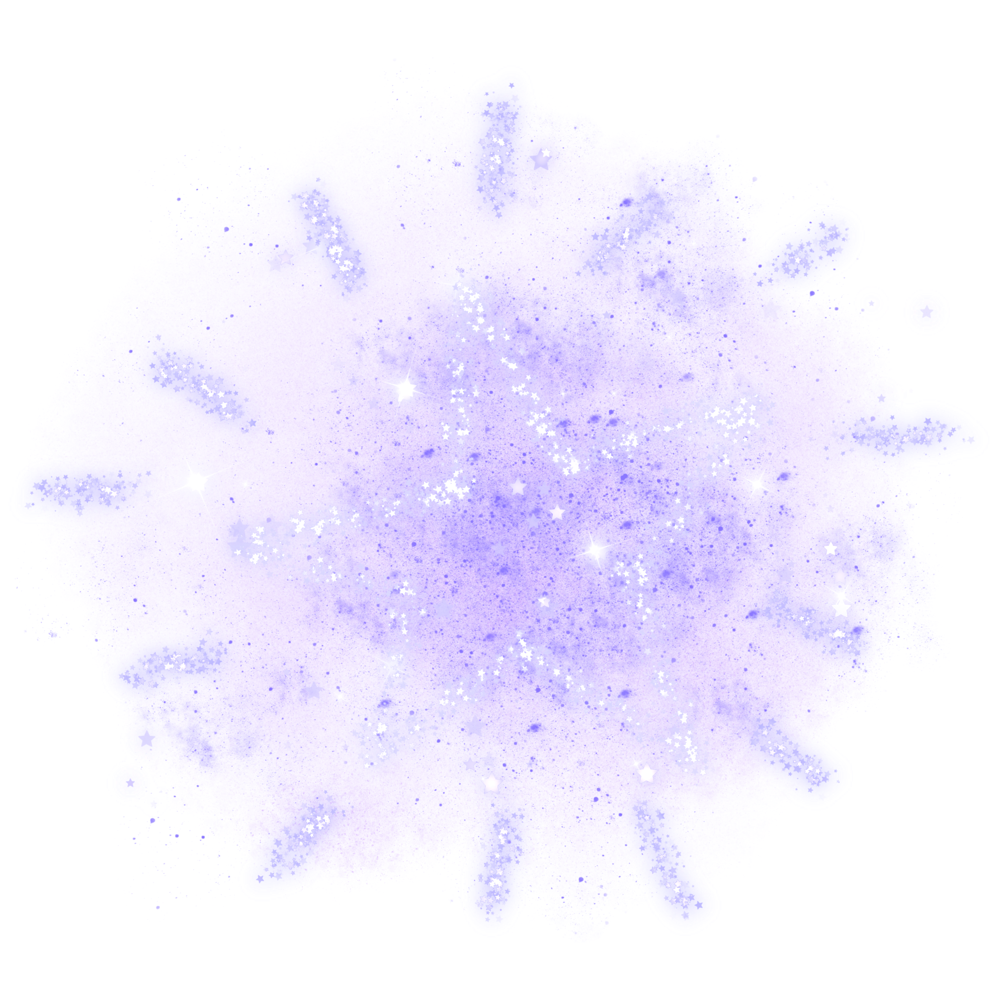 Purple and white star-shaped glitter with sparkles, forming a fluffy cloud-like shape against a black background