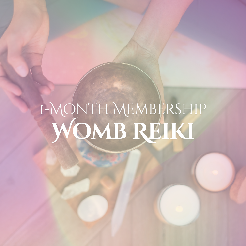 A person holding a brass singing bowl while another person is holding a mallet, with candles and crystals on a wooden surface, promoting a 1-month membership for womb Reiki.