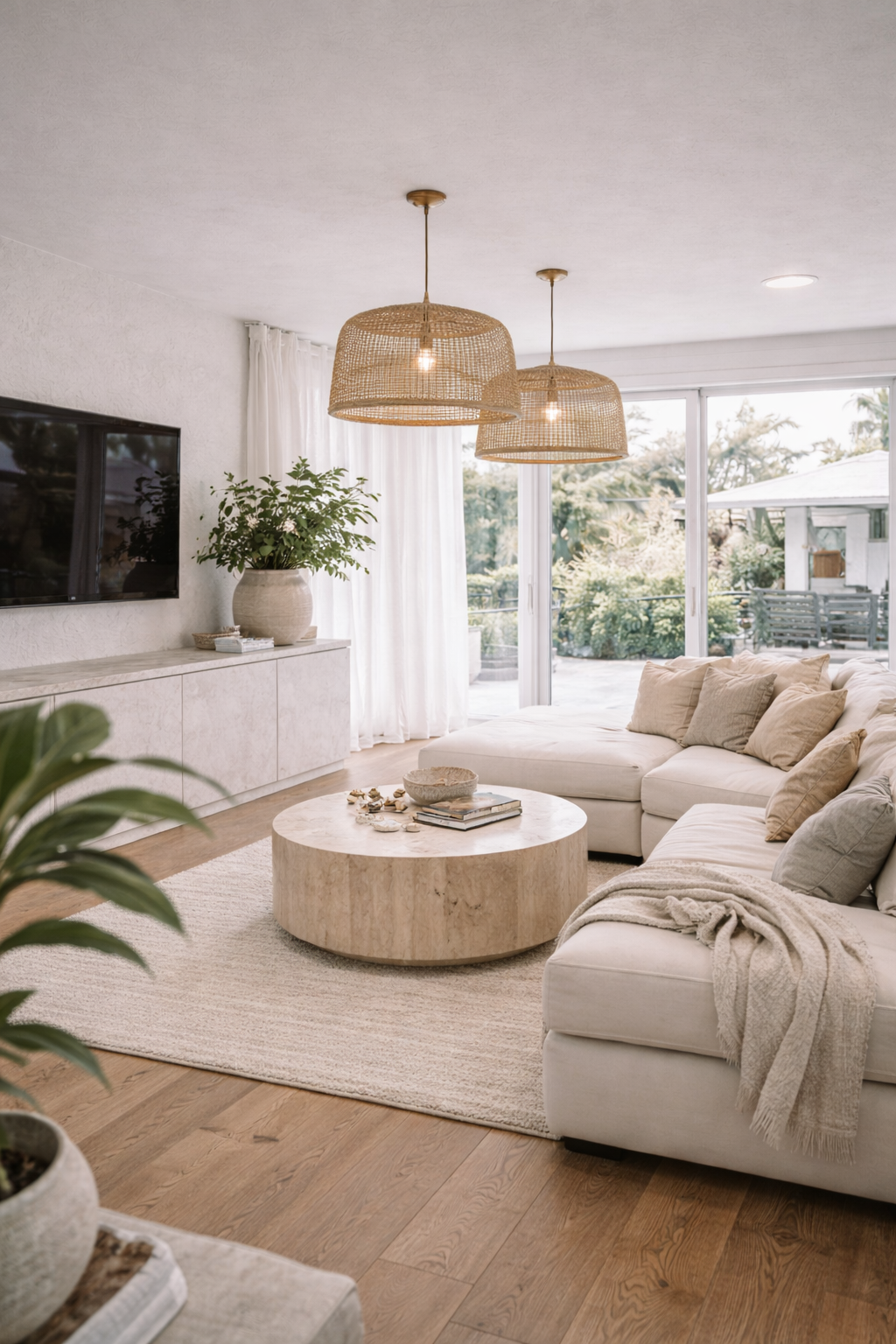 Bright living room with white sofa and beige pillows, wooden rounds as coffee table, large window with outdoor patio, potted plant on white sideboard, hanging wicker pendant lights, light-colored rug, and wood flooring.