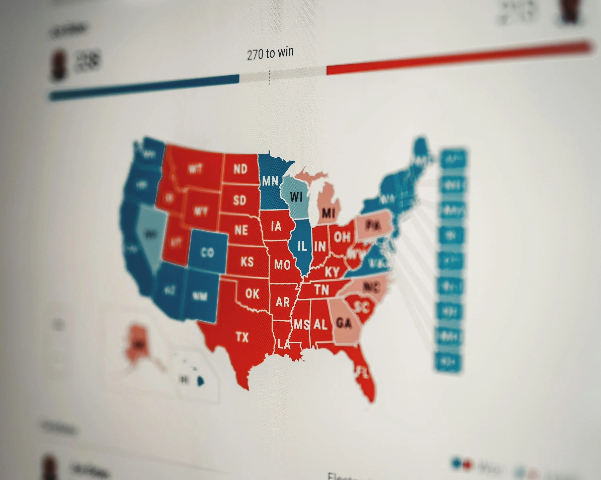 Color-coded map of the United States showing voting results, with some states in red and others in blue, and a bar graph indicating the current vote count and progress towards winning.