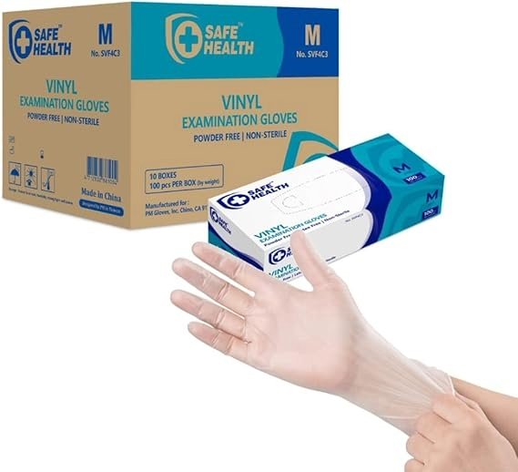 SafeHealth 3.5mil Vinyl Exam Gloves 100 per box, 10 bx/cs.