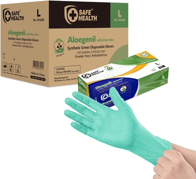 SafeHealth Aloegenii Vinyl 5.5mil Gloves 100 per box, 10 bx/cs.