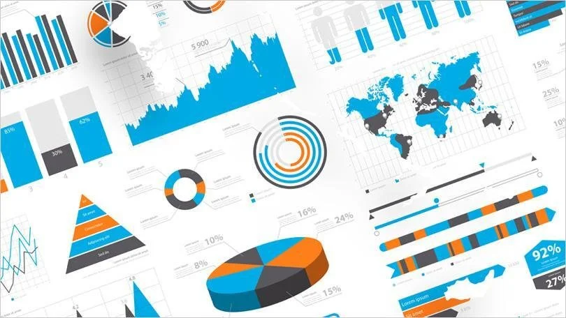 Collection of various business and financial charts and graphs, including bar graphs, pie charts, line graphs, and world maps, in blue, orange, gray, and black colors.