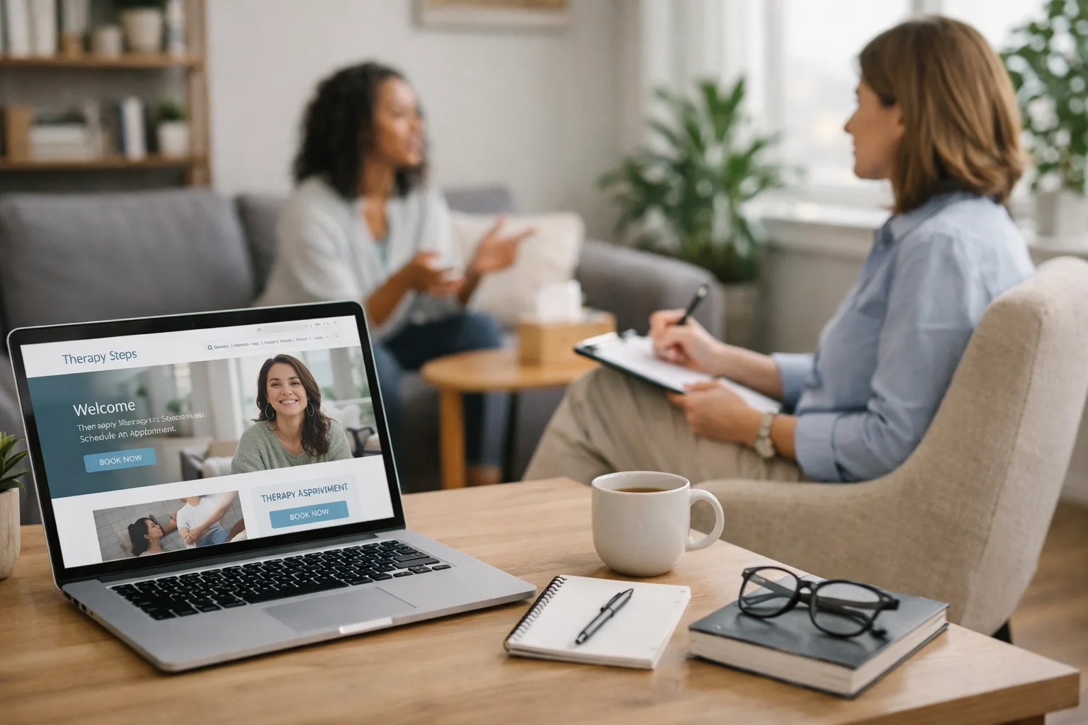 Therapist website on screen while therapist in session